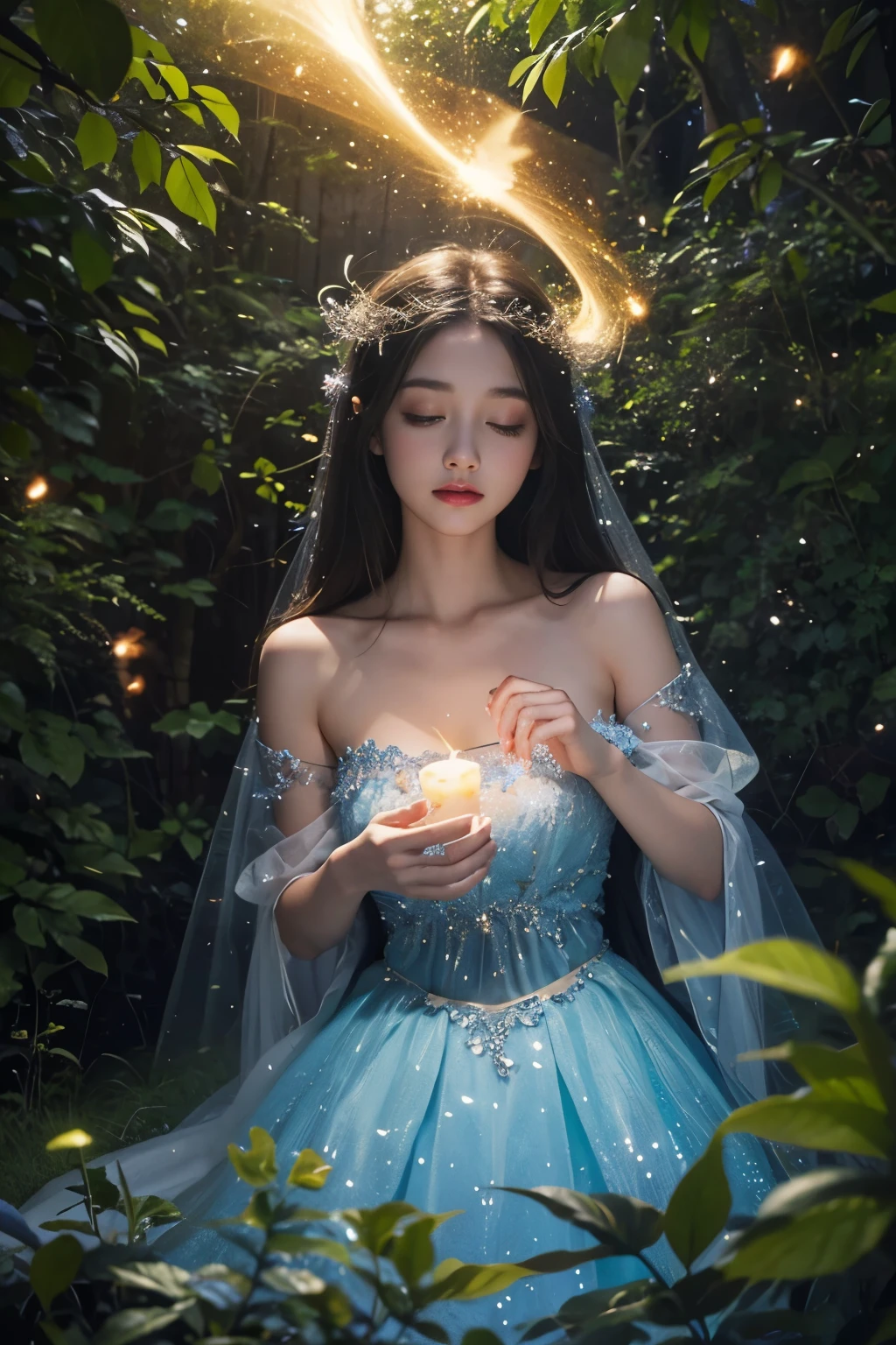 Beautiful fairy, surrounded by fireflies, ethereal and dreamy atmosphere