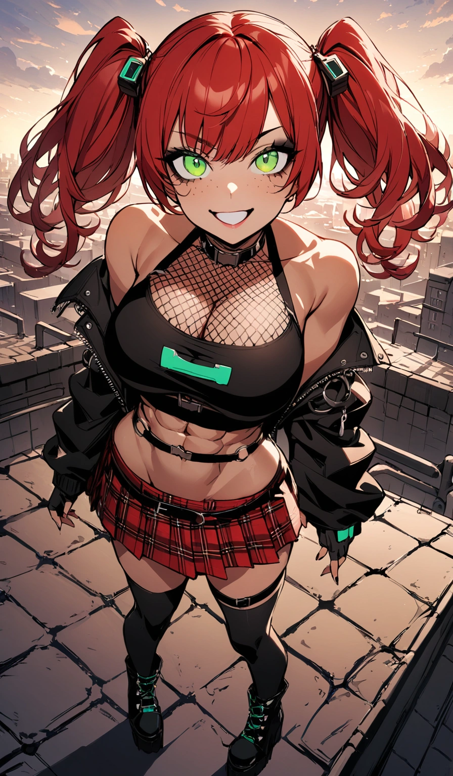 woman, grin, curly red hair in pig tails, green eyes, black eyeshadow, wearing crop top black shirt, long black jacket, red plaid skirt, black knee high boots, black fingerless gloves, exposed shoulders, large breasts, freckles, abs, cleavage, looking up at viewer, masterpiece, best quality, Holo-Punk Style, on a rooftop, make up, eyelashes, fish net undershirt, fish net stockings, (full body)