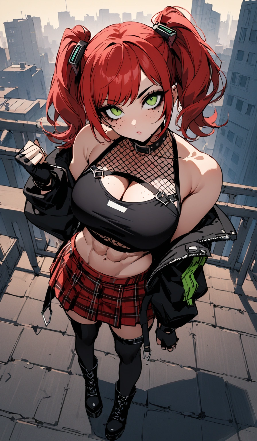 woman, stoic, curly red hair in pig tails, green eyes, black eyeshadow, wearing crop top black shirt, long black jacket, red plaid skirt, black knee high boots, black fingerless gloves, exposed shoulders, large breasts, freckles, abs, cleavage, looking up at viewer, masterpiece, best quality, Holo-Punk Style, on a rooftop, make up, eyelashes, fish net undershirt, fish net stockings, (full body)