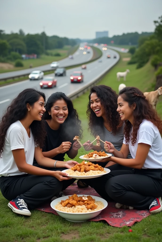 4 beautiful indonesian women, long curly hair, wearing t-shirts, black trousers and sneakers, smiling faces, sitting together, holding a large plate of rice with fried chicken, on the side of the highway, there are goats beside them, lots of vehicles, minimal disabilities , very detailed, realistic