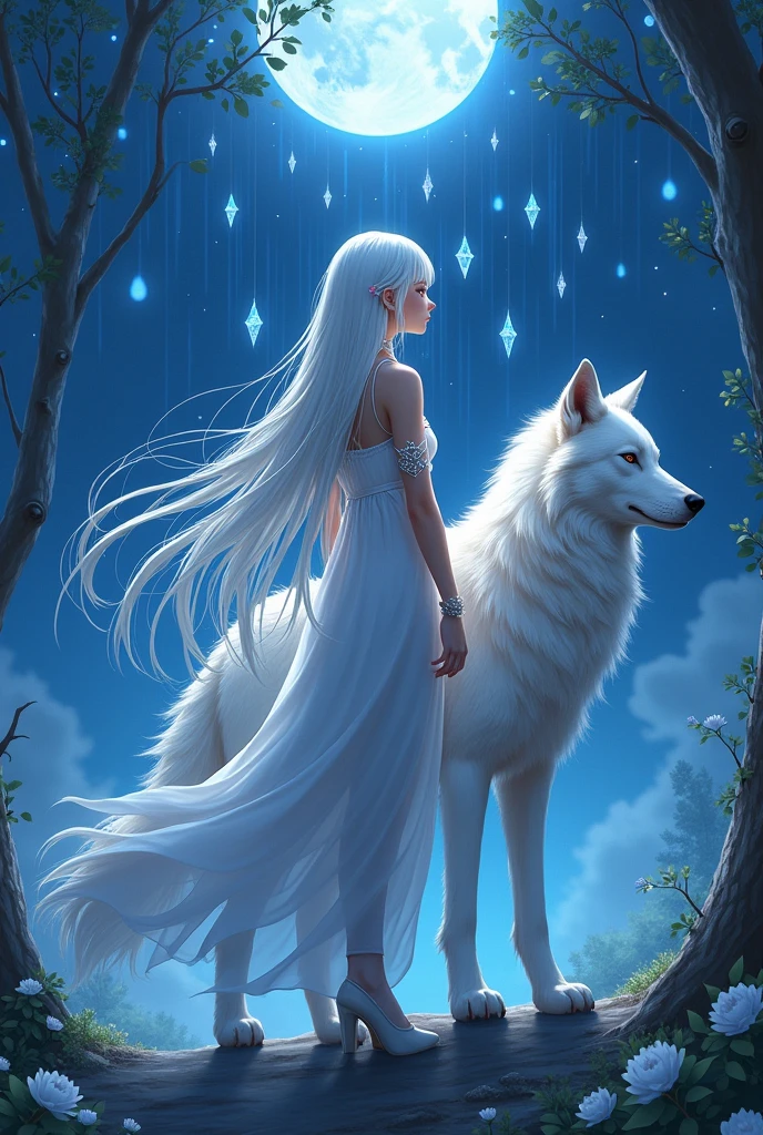 Make an image of an anime woman from behind with long white hair, diamond accessories, blue dress, wolf traits, a white wolf next to her in a night setting with diamond rain 