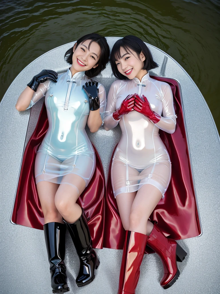 (Tabletop:1.0), (Highest quality:1.4), (High resolution:1.2), (Realistic:1.4), (8k, RAW Photos:1.2), (Soft Focus:1.4),(From above:1.3),break,2 girls sitting and wearing translucent liquid latex aodai and Smiling while taking a photo.............................................................,(2 girls wearing translucent liquid latex aodai:1.4),(Sticking out tongue:1.2),break,Slime Skin,Smooth and tight boots, Beautiful Skin,latex, Translucent body,latex Shiny,Perfect Fingers,(Shiny latex gloves:1.2), Gloves that fit close to the skin,break,break,Bob Hair,(Vermilion Hair:1.2),(smile:1.2),glossy Shiny reflective, compensate,Japanese Goddess, Glowing Skin,Gorgeous Japanese Model,Shiny,Shiny,(reflector leather Wrinkle black boots:1.2),(Wide Boots:1.3),Wrinkle,break,Detailed Background,(A small boat ride on the river:1.1)