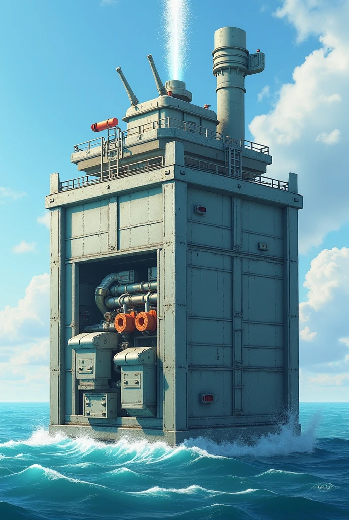 A big container with big boarders into, with compports bellow and water bombs with output pipe above, in the sea
