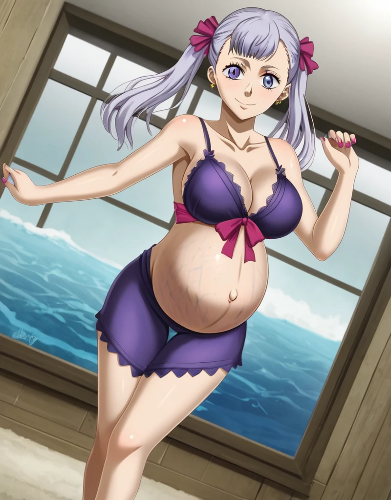 noelle_blackclover, Noelle Silva, Black Clover, long silver hair, waist-length hair, half-up half-down hairstyle, ribbon, soft waves, side-parted bangs, almond-shaped blue eyes, high-quality, ultra-detailed, beast quality, 8K resolution,
looking at viewer, dutch angle, cowboy shot, smile, pregnant belly, large belly, big belly, big Breasts, Stretch marks,
1girl,solo, indoors, happy, Smiling, rub belly,
full body, Nail polish, Earrings,