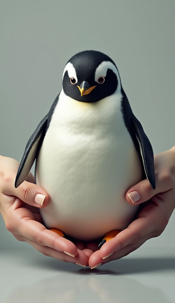 A penguin in a pair of hands,obesity,biology,lifelike,meticulous,HD,Standing