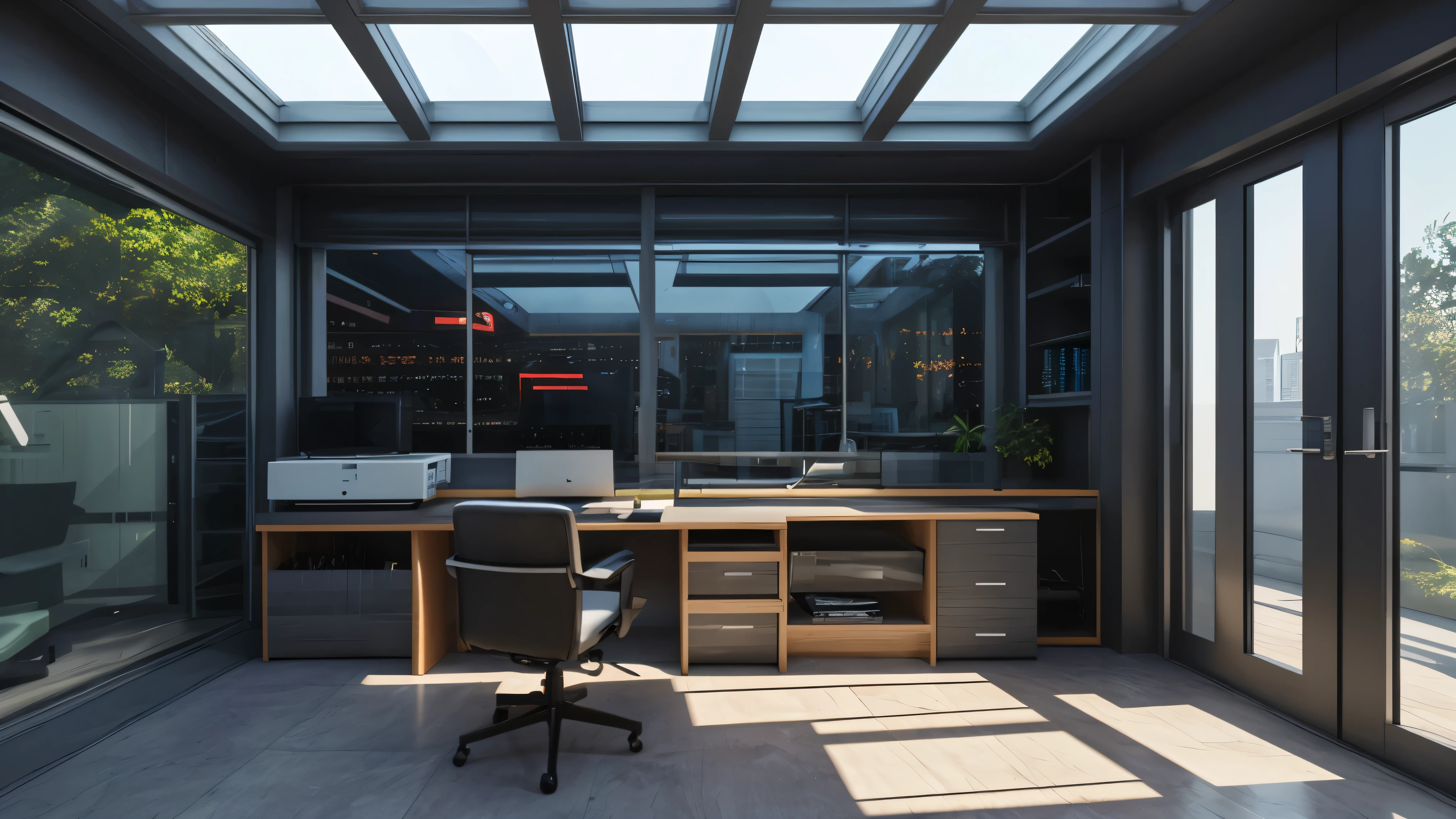 scifi, futuristic home office, outside view, architectual, space design, cyberpunk, futuristic, hightech, hard-surface design, daylight, much tech, much electronic, very cozy, ambient light, realistic view, wide angle, year 2124