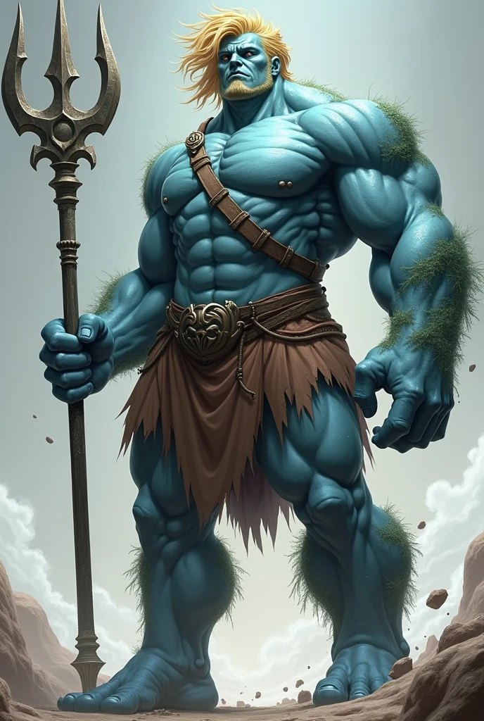 male hero is 3 meters tall, light blue skin with medium blonde hair, wears a brown skirt and one shoulder shirt and a trident, scary like the hulk