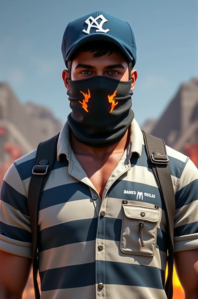 P male free fire character, my character has a small blue hat white prisoner shirt with black a fire mask