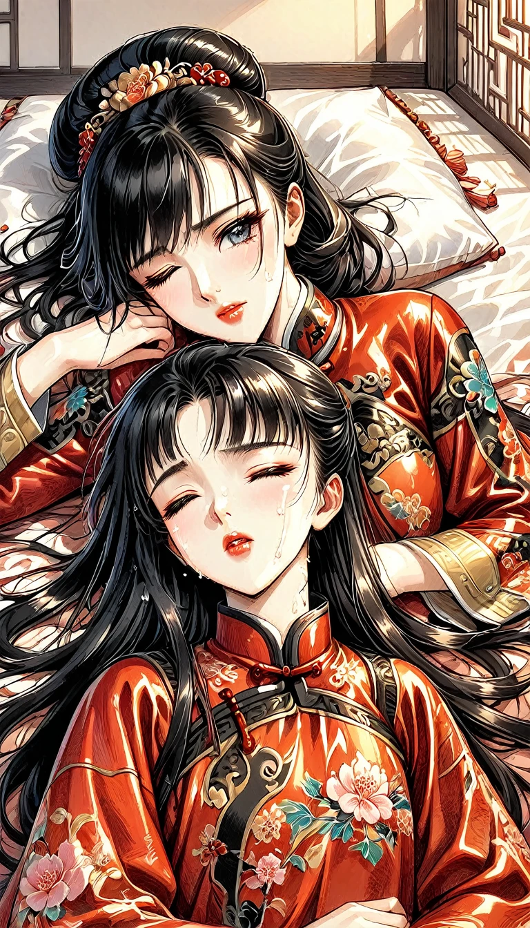 Beautiful 15 year old Chinese Kung Fu princess with long black hair Gorgeous embroidery, Ultra glossy, She is wearing a shiny red long-sleeved floral down jacket.... After being subjected to intense sexual acts for the sake of her offspring, she is laid down on a red futon and sleeps, exhausted with her eyes closed. She had cum spilling out of her hairy pussy