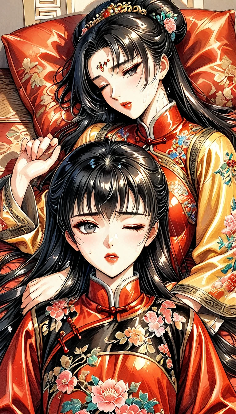 Beautiful 15 year old Chinese Kung Fu princess with long black hair Gorgeous embroidery, Ultra glossy, She is wearing a shiny red long-sleeved floral down jacket.... After being subjected to intense sexual acts for the sake of her offspring, she is laid down on a red futon and sleeps, exhausted with her eyes closed. She had ??? spilling out of her hairy pussy