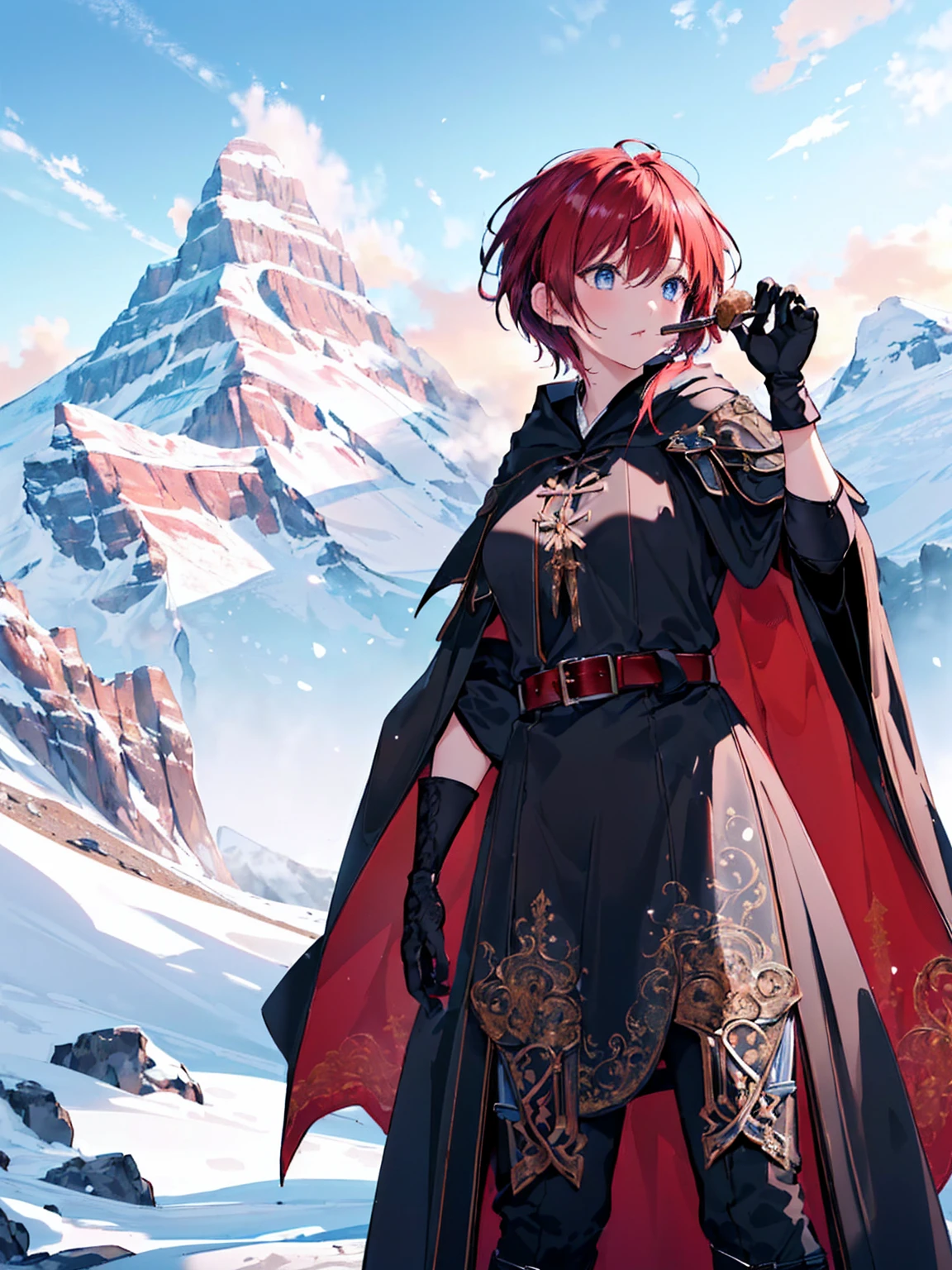 RAW Photos,8k hdr,masterpiece,最high quality,Realistic,High resolution,high quality,High resolution,Very detailed,Daytime,One Girl (ロンGloves,Intricate black wizard robes:1.5),(Short Red Hair:1.3),Lucent Blue Eyes,(belt, Gloves,Handguard,Food:1.5),Pattern on purple clothes,chest,Shoulder Armor,Thighs,boots,Breathtaking (Mountain landscape in the background:1.5),