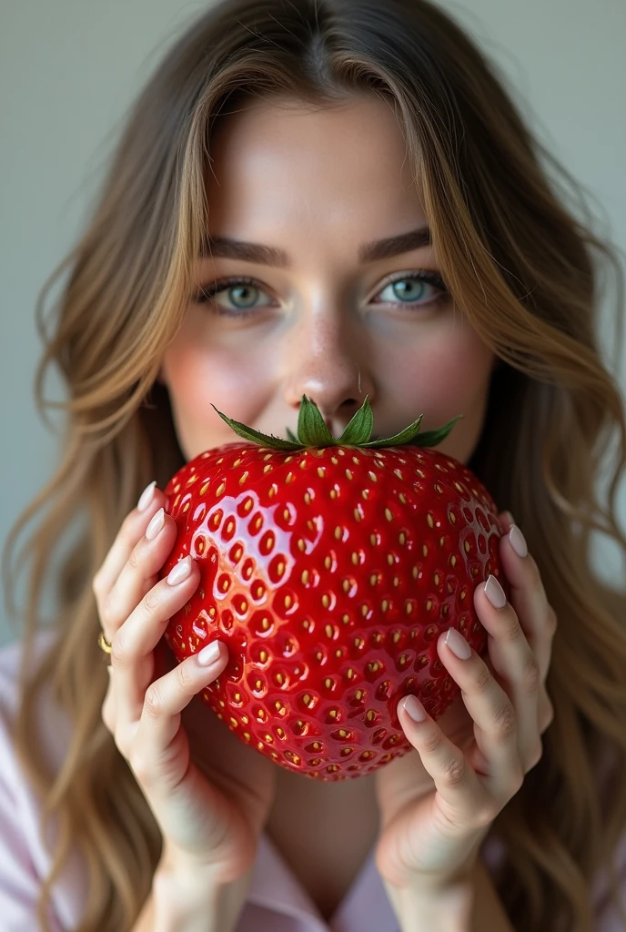 A very beautiful girl of Slavic appearance bit off a juicy strawberry strawberry the size of a watermelon photo quality 8k the highest quality of small details
