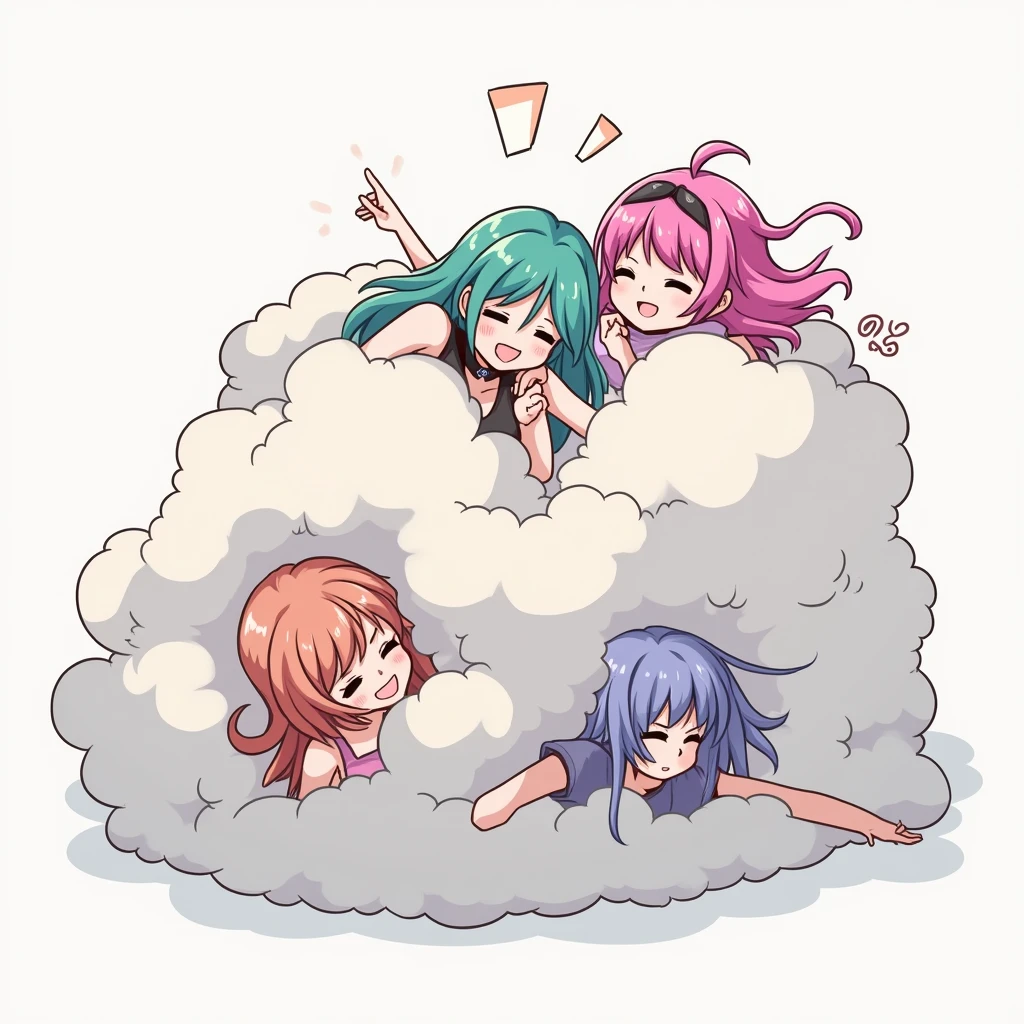 An anime-style illustration depicting ladies playfully wrestling with each other inside a light gray comical fight cloud (dust cloud).
each lady has different colored hair.
their faces,hands,and feet are visible emerging from the cloud as they tussle humorously, with the rest of their bodies completely hidden inside the cloud.
the illustration emphasizes the humorous and energetic nature of their scuffle,with a fluffy andexaggerated fight cloud.