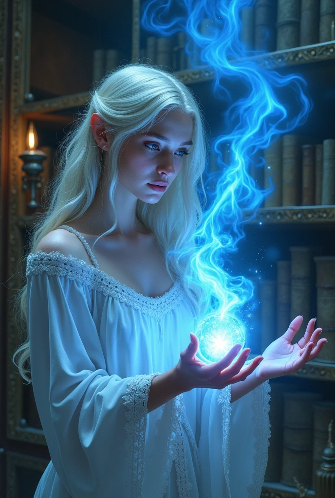 DonMM4g1cFX, nice hands, female fey sorcerer  Mastering spell shaped like Mist of anthraquinone blue hydrodynamic fire and magnetism manipulation, magic academy, chill of the ancient ancient runes archive, engraved shelves, ancient scrolls enchanted quills, preservation globes enchantment detectors translation devices, guardian golems, archive wraiths, enchanted locks, magical, fantasy