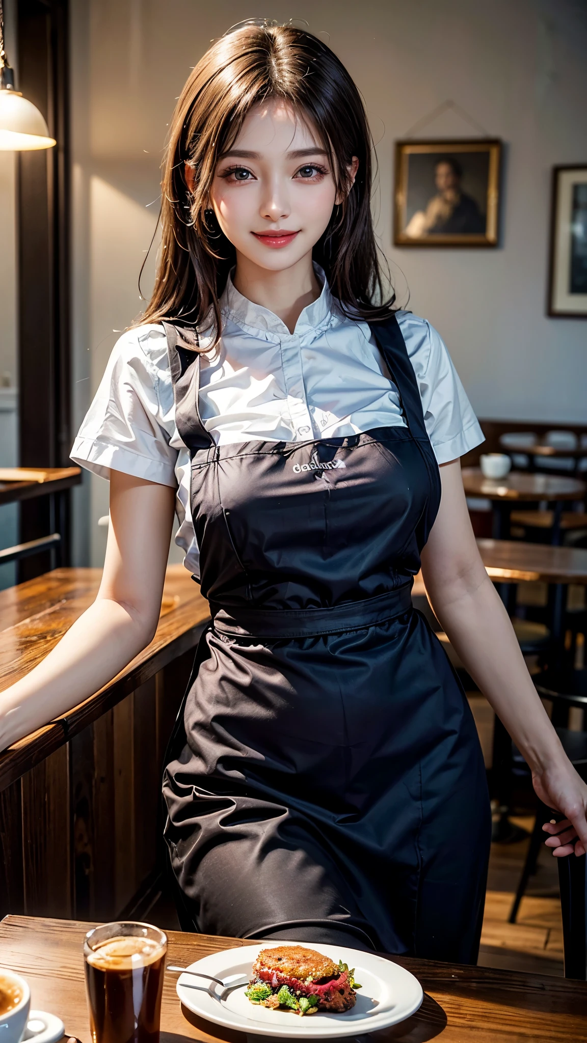 (Highest quality、Tabletop、8k、Best image quality、Award-winning works)、Woman working in a café、(The perfect brown apron:1.1)、(The perfect brown apron:1.1)、(wide々She is standing elegantly in a modest cafe..:1.3)、(A classy shirt and apron:1.1)、(Big Breasts:1.1)、(Accentuate your body lines:1.1)、Beautiful woman portrait、The most elegant and cozy cafe、The most natural cafe, Perfectly organized、The most atmospheric and warm lighting、Stylish and elegant cafe、Strongly blurred background、Look at me and smile、(Accurate anatomy:1.2)、Ultra high resolution perfect beautiful teeth、Ultra-high definition beauty face、Ultra HD Hair、Ultra HD The Shining Eyes、The Shining, Super high quality beautiful skin、Super high quality glossy lip