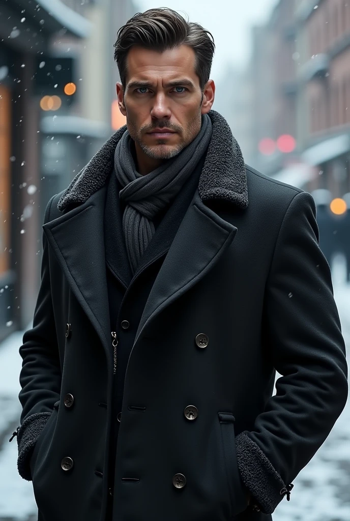A sexy and imposing man in his 40s, clear skin, grey eyes, dressed in a stylish winter coat