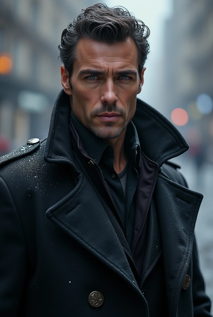A sexy and imposing man in his 40s, clear skin, grey eyes, dressed in a stylish winter coat 