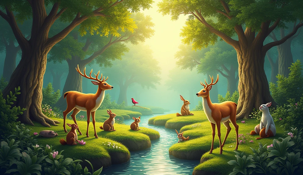 A general scene with the beauty of the forest and various animals.