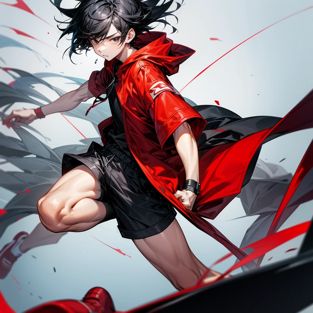 A boy with black hair ,black eyes ,wear a short-sleeved and hooded jacket ,black and red shirt,Wear shorts that go past the knee and have lots of pockets and straps. ,white and red shoes