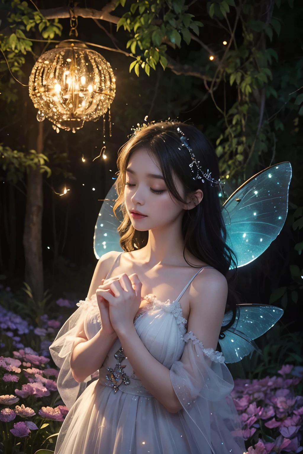 Beautiful fairy, surrounded by fireflies, ethereal and dreamy atmosphere