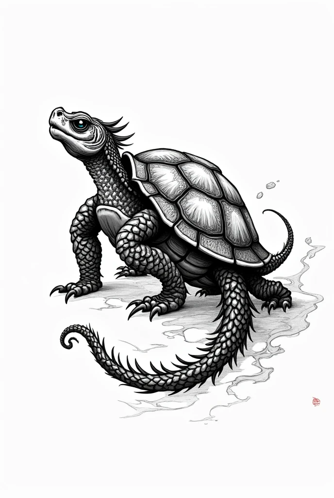 Black and White Ink Style Drawing of a Mythological Dragonic Turtle, Chinese style, doodle art, logo, tattoo, fictional, tortoise looking backwards with the head faces north, line drawing, more ancient style, more feaesome look