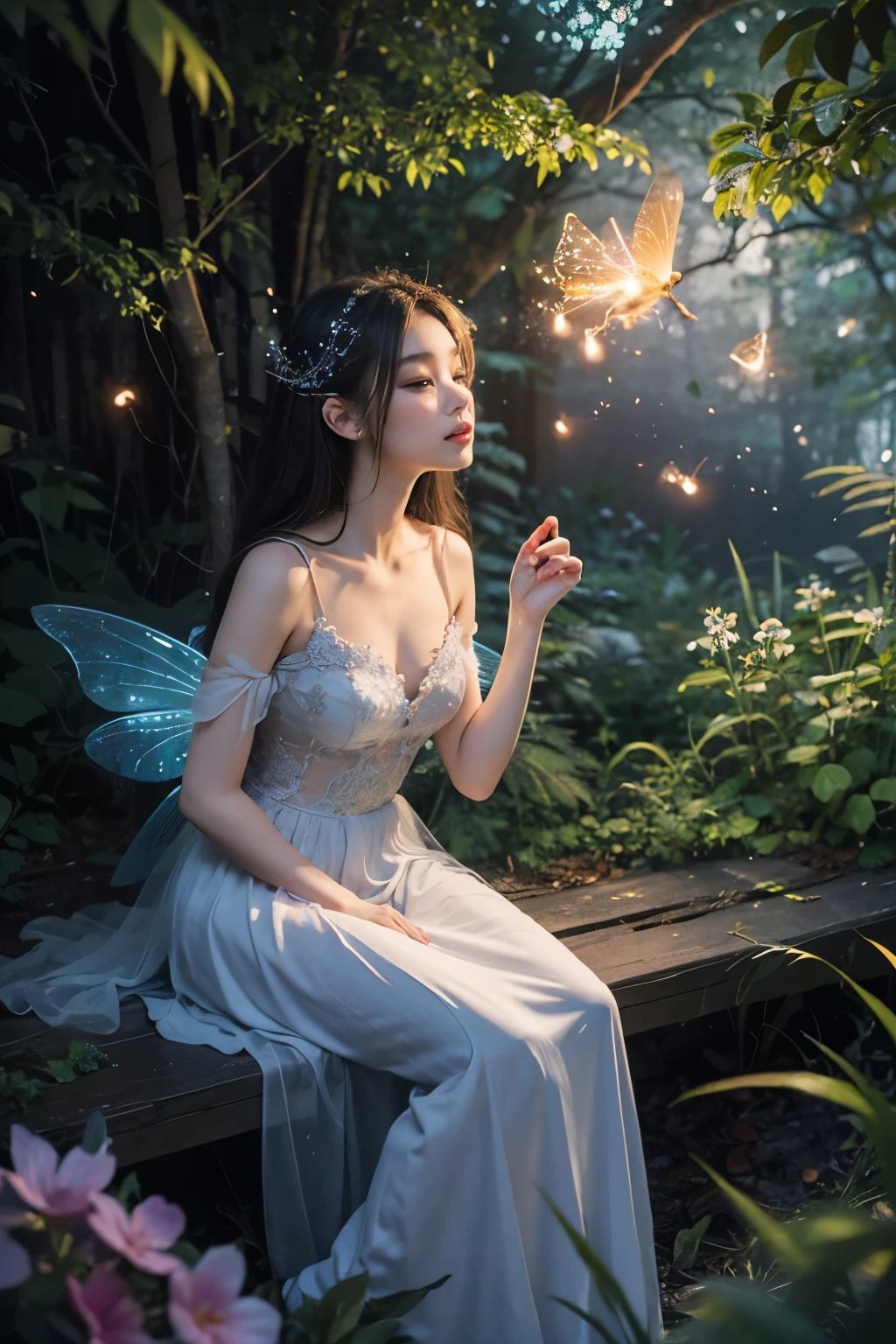 Beautiful fairy, surrounded by fireflies, ethereal and dreamy atmosphere
