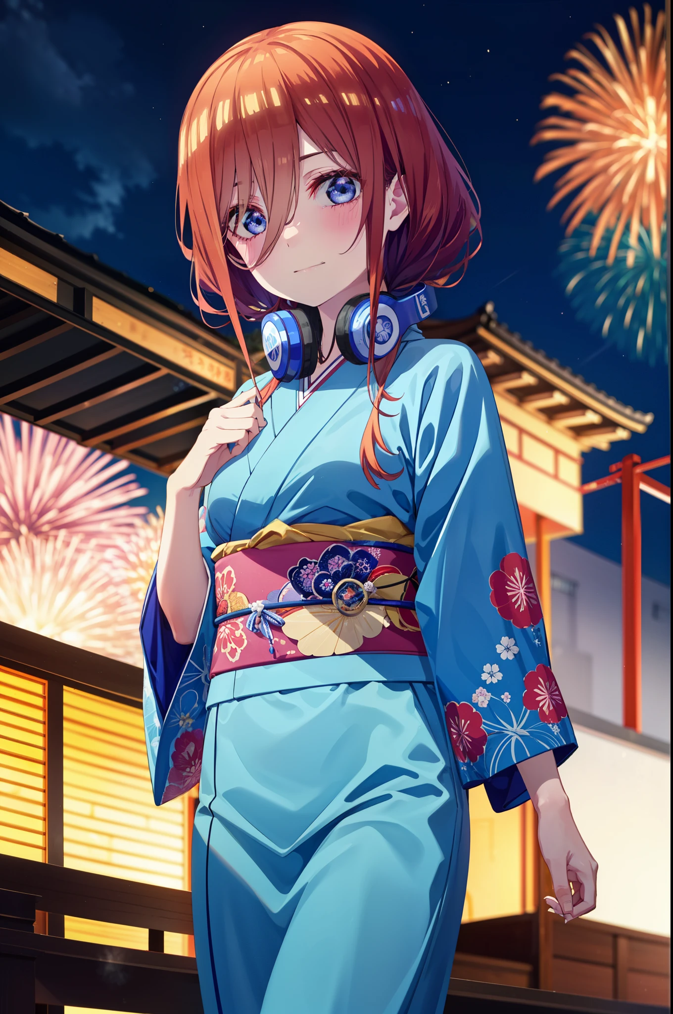 Miku Nakano, miku nakano, Long Hair, bangs, blue eyes, Brown Hair, shirt, Hair between the eyes, Headphones around neck,hair tied back,Flower Hair Ornaments,smile,blush,Blue Kimono,Blue long skirt,Fireworks in the night sky,Fireworks,The place is a fireworks display,Time is night,sunny day,日本のfestival,夏festivalの屋台,Red lantern,whole bodyがイラストに入るように,
break outdoors, garden,festival,
break looking at viewer, whole body, (Cowboy Shot:1. 5),
break (masterpiece:1.2), Highest quality, High resolution, unity 8k wallpaper, (figure:0.8), (Beautiful attention to detail:1.6), Highly detailed face, Perfect lighting, Highly detailed CG, (Perfect hands, Perfect Anatomy),