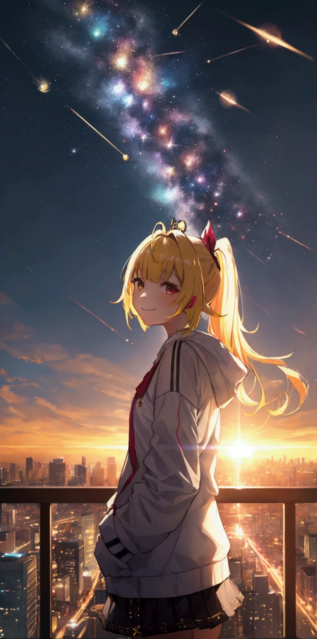 unbeatablemasterpiece,smile,meteor shower,white hoodie,black short skirt,ponytail,observation deck,golden hair