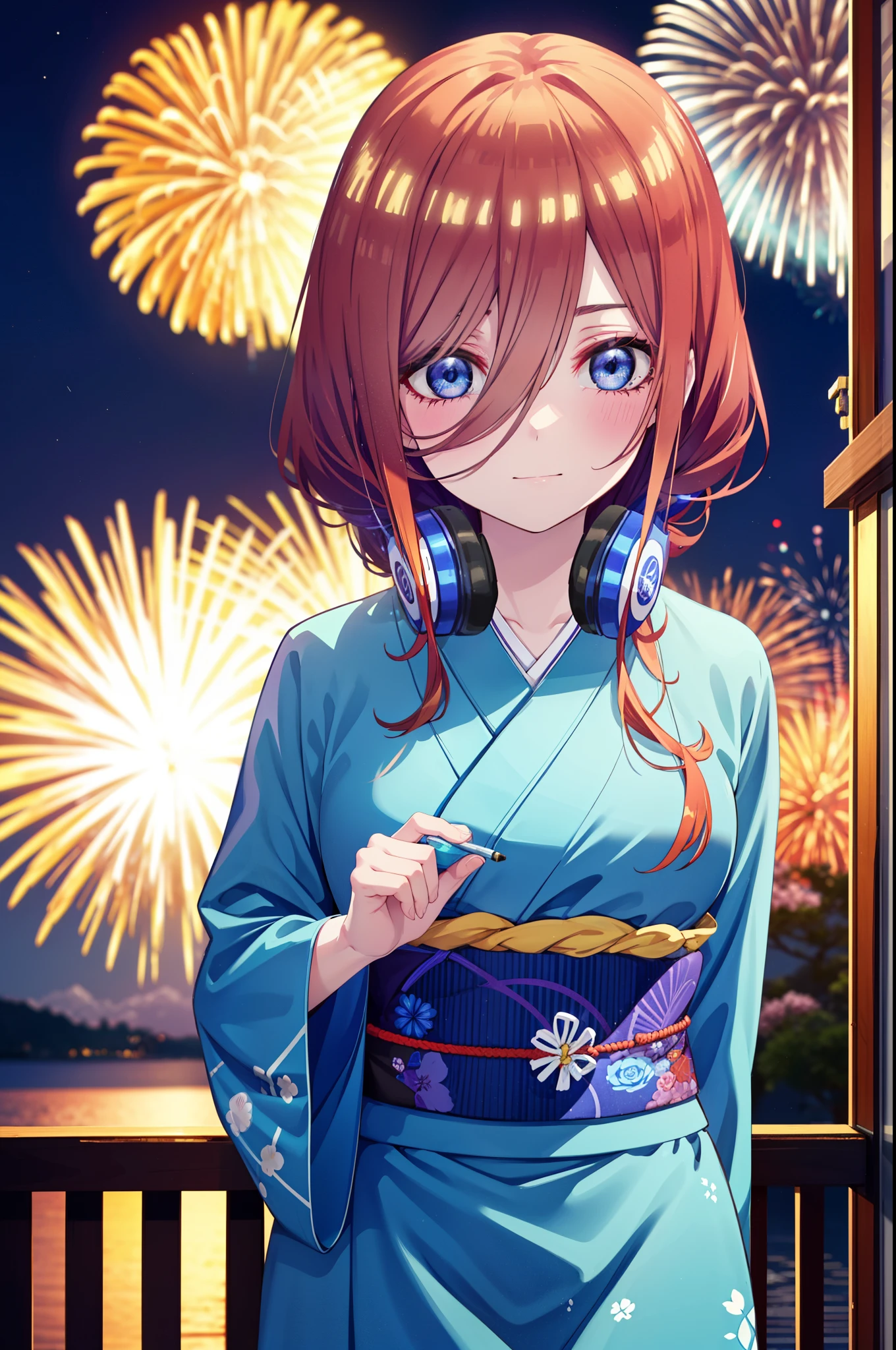 Miku Nakano, miku nakano, Long Hair, bangs, blue eyes, Brown Hair, shirt, Hair between the eyes, Headphones around neck,hair tied back,Flower Hair Ornaments,smile,blush,Blue Kimono,Blue long skirt,Fireworks in the night sky,Fireworks,The place is a fireworks display,Time is night,sunny day,日本のfestival,夏festivalの屋台,Red lantern,whole bodyがイラストに入るように,
break outdoors, garden,festival,
break looking at viewer, whole body, (Cowboy Shot:1. 5),
break (masterpiece:1.2), Highest quality, High resolution, unity 8k wallpaper, (figure:0.8), (Beautiful attention to detail:1.6), Highly detailed face, Perfect lighting, Highly detailed CG, (Perfect hands, Perfect Anatomy),