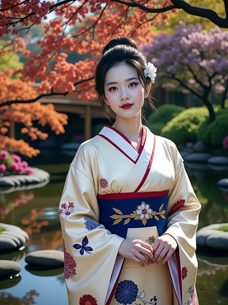 (masterpiece、Highest quality、8k、High resolution)、Traditional Japanese beauty in kimono、Floral pattern on white background、Vibrant colors、Japanese garden、There is a pond、Colorful flowers、Vibrant colors、Cherry Blossom、There is a drum bridge、A complete portrayal、Detailed anime art、