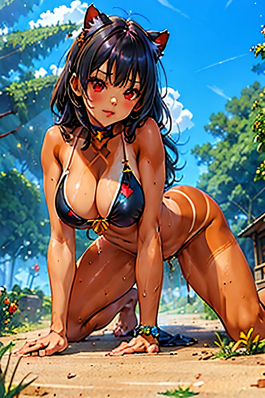 ((((masterpiece)))), high quality, very_high_resolution, large_filesize, full color, heavy outline, clear outline, colorful, (beautiful detailed eyes), (beautiful face:1.3), boyish face, 1 girl, (junkotvv), (black hair), long hair, (flequillo), ((bangs)), bumpy bangs, red eyes, big breasts, curvy, completely nude, black-wristbands, old school swim suits, (((tan))), >:), all fours, pussy juice