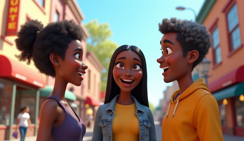 Generate me an image of three 3d cartoon african american adult characters talking on the street.