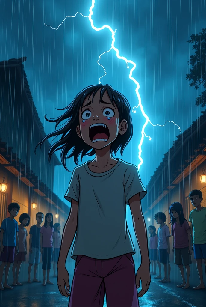 Terrified, girl cried out loudly, her sobs echoing throughout the area. At the same time, a torrential downpour began, accompanied by powerful thunder and lightning that lit up the sky. Tje villangers are looking up the sky terrified. make it night. make it cartoon