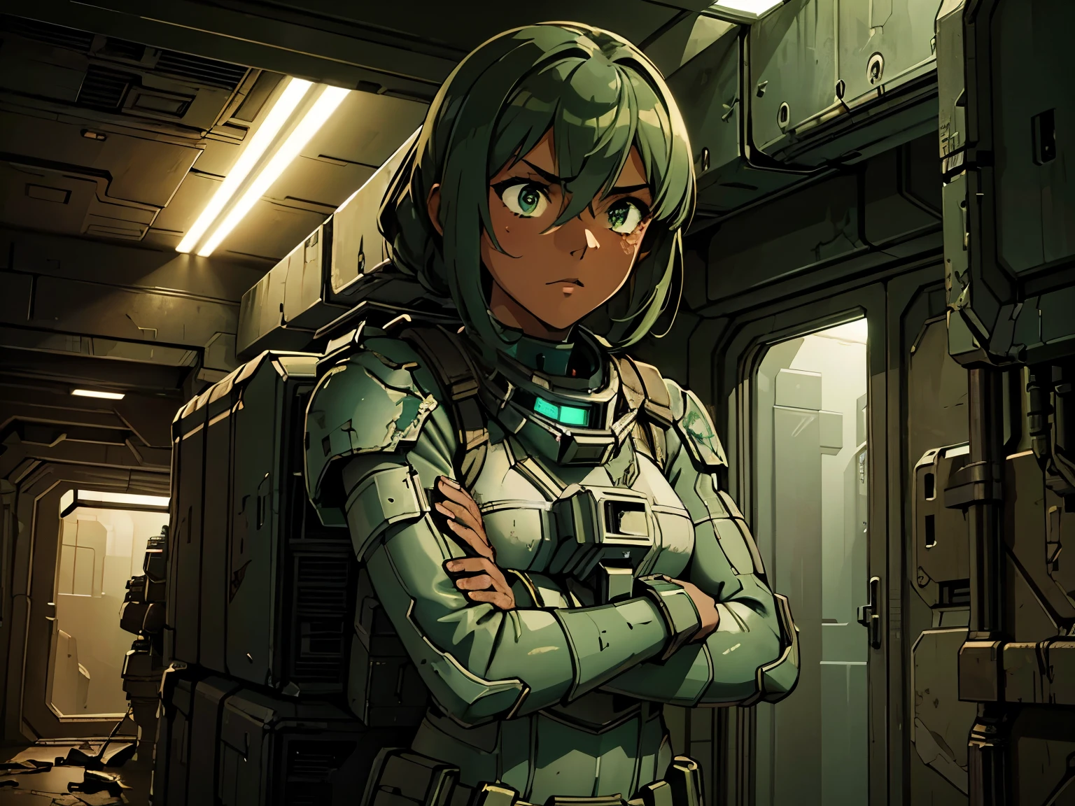 masterpiece, great detail, Girl, Dark skin, green eyes,. Astronaut Soldier, without helmet, looking straight ahead, uniforme combate, dirty, with stains,, armor scifi, Alone, abandoned spaceship, wrecked ship, low light, destroyed hallways, Cables, Cables, Lights