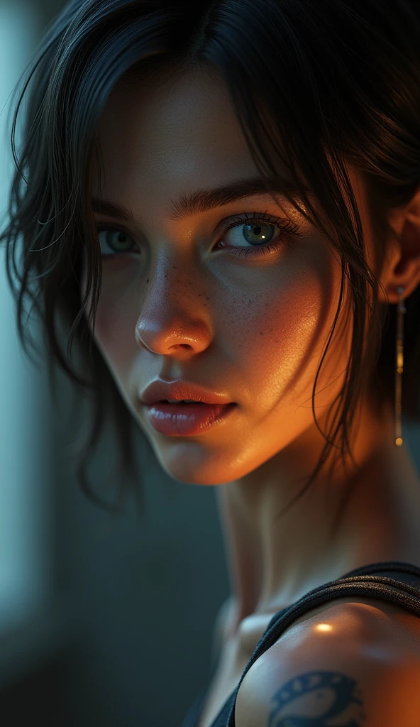 A close-up of a blue-eyed woman with short hair combed to the side, with a flashlight on his shoulder, 8k portrait rendering, Portrait of Lara Croft, The glamorous Jill Valentine, 3D 8k rendering character art, female protagonist 👀 :8, make naughty dog, cinematic bust portrait, realistic cinematic portrait, female main character, unreal engine character art, ultra realistic concept art, Unreal 5. role portrait