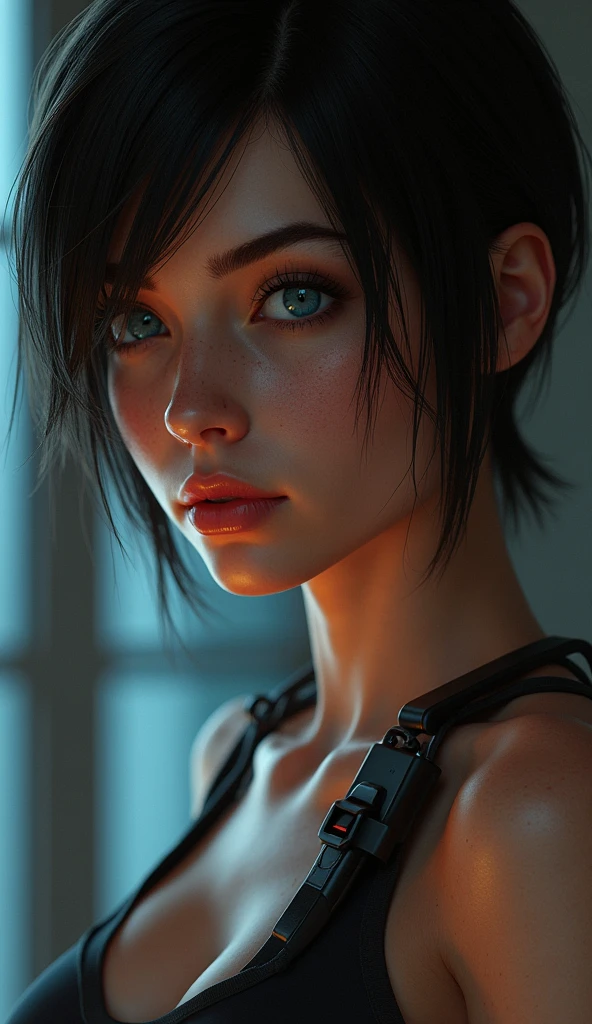 A close-up of a blue-eyed woman with short hair combed to the side, with a flashlight on his shoulder, 8k portrait rendering, Portrait of Lara Croft, The glamorous Jill Valentine, 3D 8k rendering character art, female protagonist 👀 :8, make naughty dog, cinematic bust portrait, realistic cinematic portrait, female main character, unreal engine character art, ultra realistic concept art, Unreal 5. role portrait