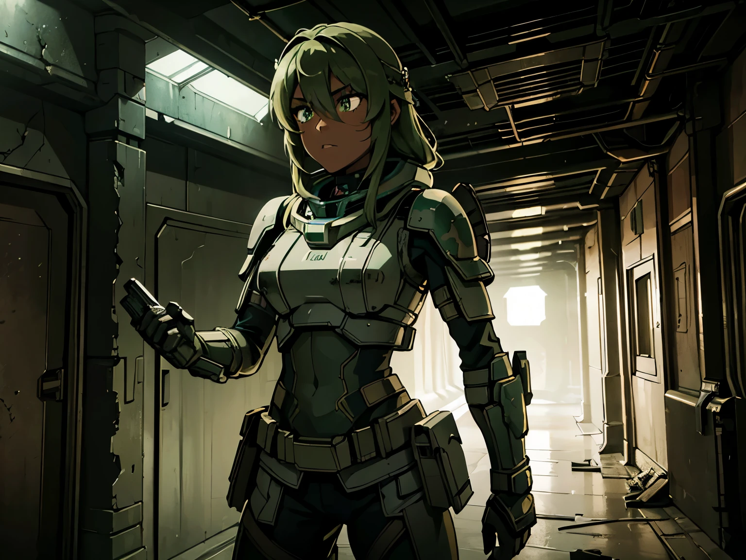 masterpiece, great detail, Girl, Dark skin, green eyes, viking hair. Astronaut Soldier, without helmet, looking straight ahead, uniforme combate, dirty, with stains,, armor scifi, Alone, abandoned spaceship, wrecked ship, low light, destroyed hallways, Cables, Cables, Lights, darkness