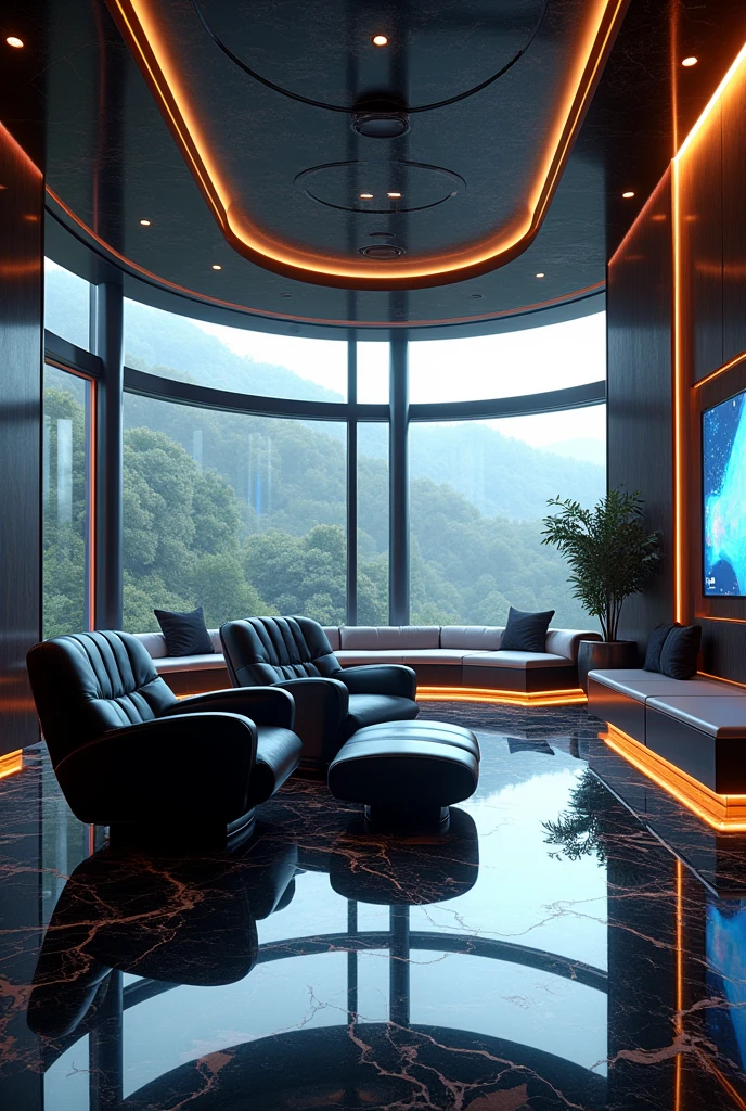 Interior of a luxurious house with all the technology of the 80s in every detail black armchairs