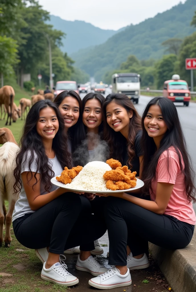 5 beautiful indonesian women, long curly hair, wearing t-shirts, black trousers and sneakers, smiling faces, sitting together, holding a large plate of rice with fried chicken, on the side of the highway, there are goats beside them, lots of vehicles, minimal disabilities , very detailed, realistic