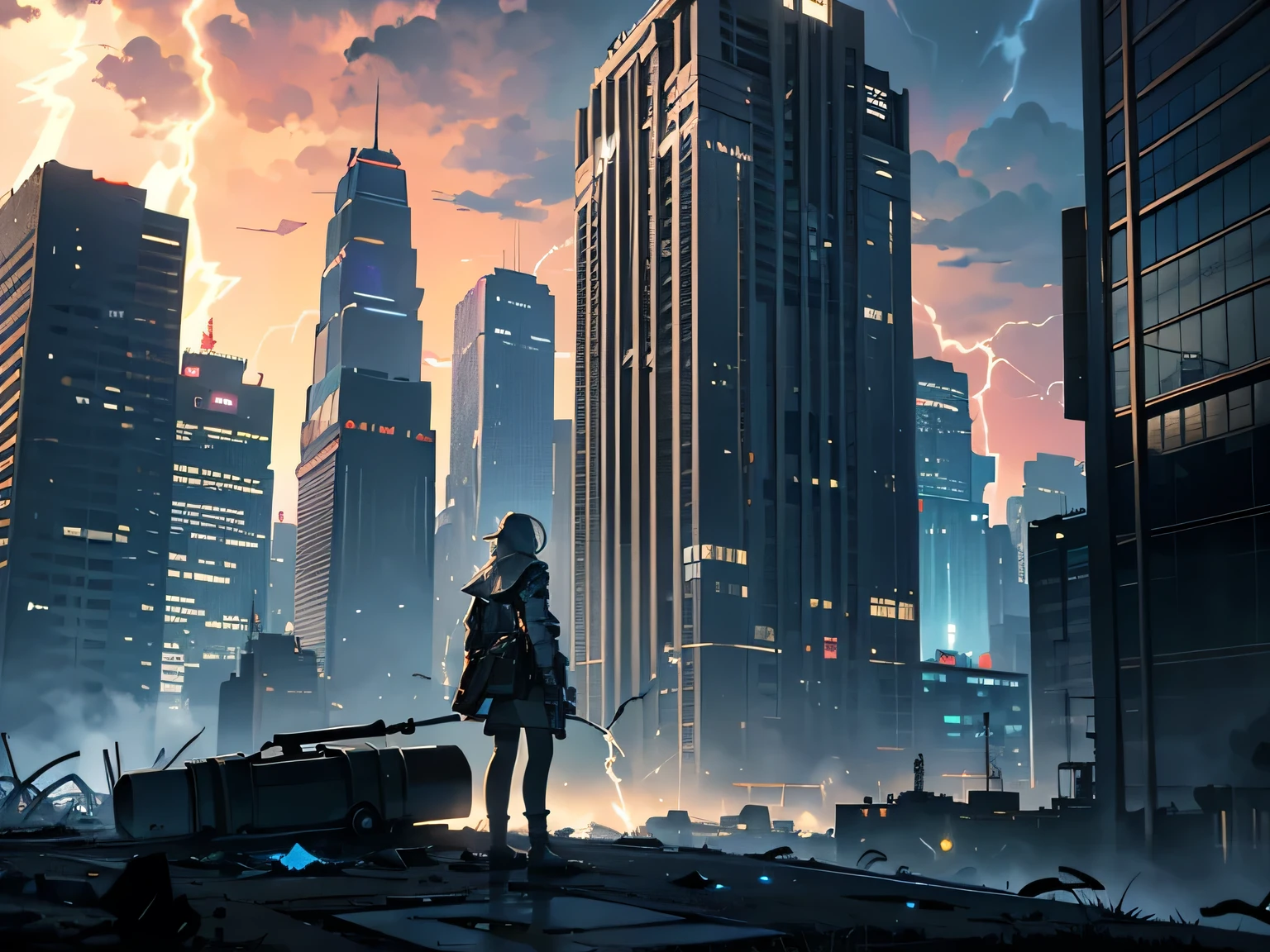 Post-apocalyptic steampunk、The adventure begins、(lightning:1.5)、heavily clouded, Metal fragments and debris blowing in the wind, 、Movie dystopia、A group of very tall abandoned skyscrapers stands in the center、Very complex cityscape, Road sign, Blue lighting,Dark road、Beautiful and dreamy scenery、Movie-like scenery、Rich in details 、8K HD, Perfect masterpiece, best quality, Optimal resolution,future mechanical combat dark blue background stylish cool building top-down view spectacular game CG image 3D C4D cool and flashy
Abandoned building, light effects