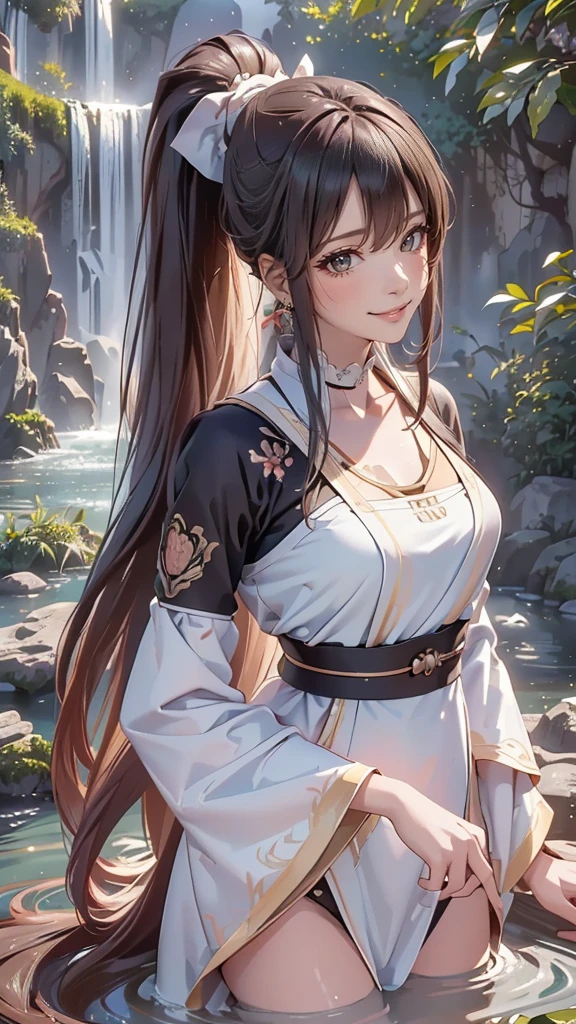 (bathing in the basin of a waterfall),ultra straight hair,long ponytail,rash guard,(Highest image quality, (8K), Ultra-realistic, Best Quality, High quality, High Definition, high quality texture, high detailing, Beautiful detailed, fine detailed, extremely details CG, Detailed texture, realistic representation of face, masterpiece, presence)