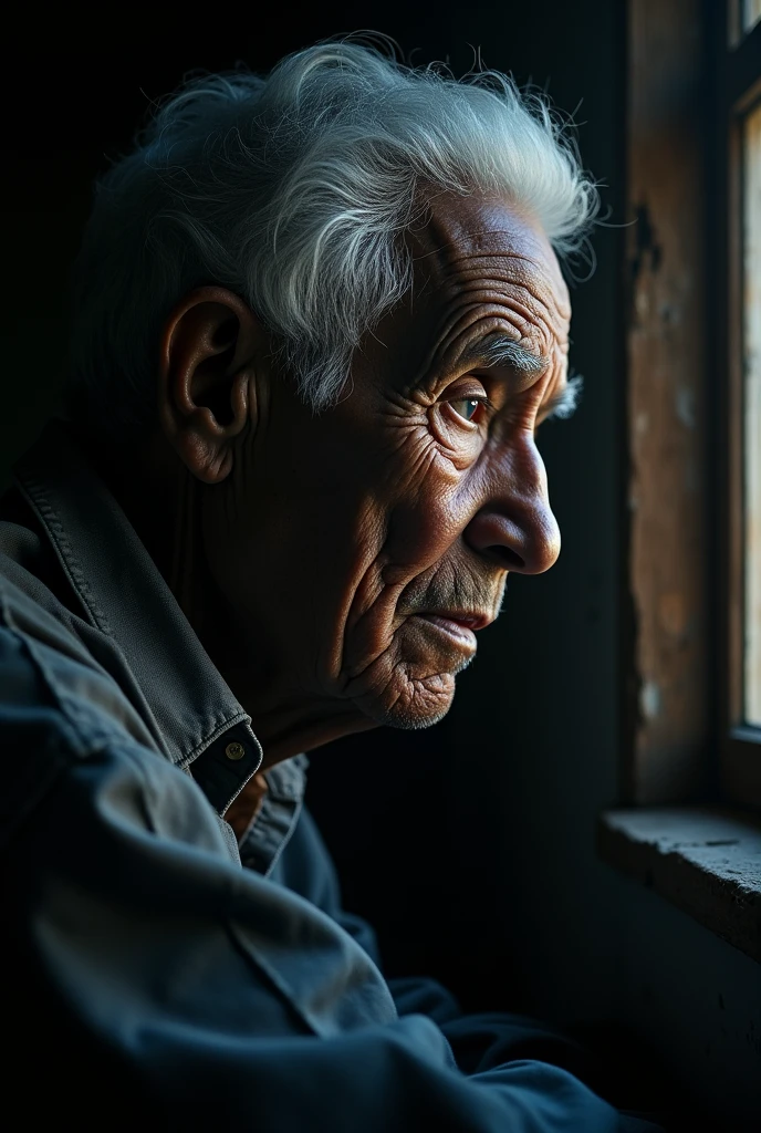 Negroes , older and with features marked by time, is sitting looking out a small window. The moonlight illuminates your face, reflecting the sadness and weariness of exile."