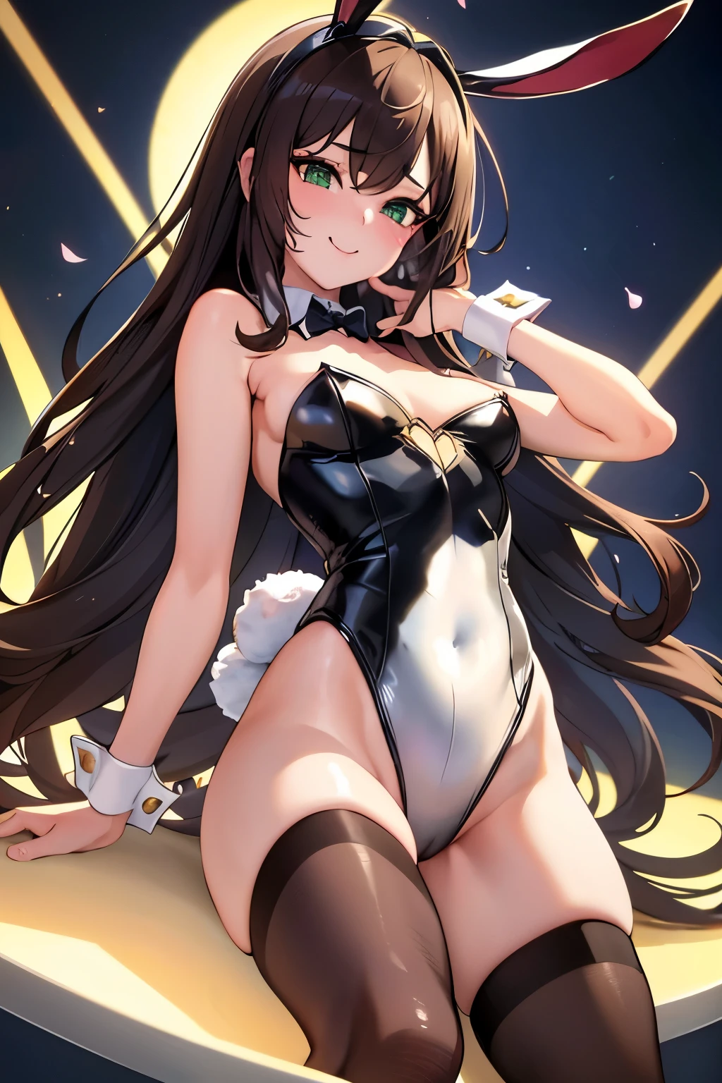 ((masterpiece, Highest quality, High resolution, 超High resolution, Pixel perfect, Written boundary depth, 4K, RTTX 10.0, High resolution))), 1 person, single, alone, Beautiful Anime, Beautiful art style, Anime characters, ((Shortcuts, bangs, Dark brown hair)), ((Green Eyes:1.4, Round eyes, Beautiful eyelashes, current eyes)), ((Smooth texture:0.75, Anime CG style)), ((Dynamic Angle, close)), Perfect body, (cute), Normal chest, whole body, ((4K, 8k, Highest quality, Perfect Fingers: 1.3, Perfect Anatomy: 1.3, Background Blur)), whole bodyアングル, Bunny girl illustration, The character is wearing a charming bunny girl outfit.。, The costume is a black leotard with a rabbit ear headband.、White cuffs and collar、And it is characterized by a small tail.。, She strikes a confident pose、She has a slightly provocative smile。, The background exudes a chic and stylish atmosphere, reminiscent of a club or lounge.、The scene gives an overall impression of being glamorous and sophisticated.。