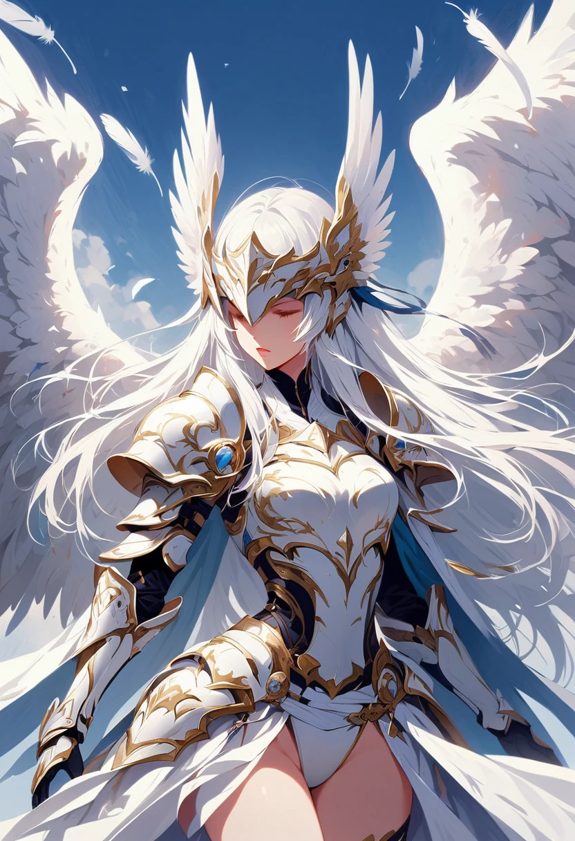 1girl angel angel_wings armor feathers_Long wing feathers_Hair Shoulder Armor Shoulder_Armor single piece_Upper wing separate_The body is white_Theme White_Wings Wings