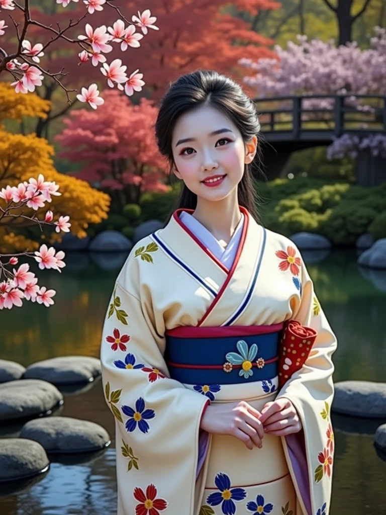(masterpiece、Highest quality、8k、High resolution)、Traditional Japanese beauty in kimono、Floral pattern on white background、Vibrant colors、Japanese garden、There is a pond、Colorful flowers、Vibrant colors、Cherry Blossom、There is a drum bridge、A complete portrayal、Detailed anime art、