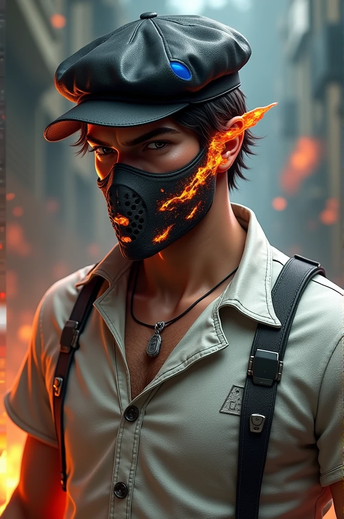 Free fire male character, my character has a hat on the side, it has a small blue one, it has a fire mask on the sides and a white prisoner shirt with black