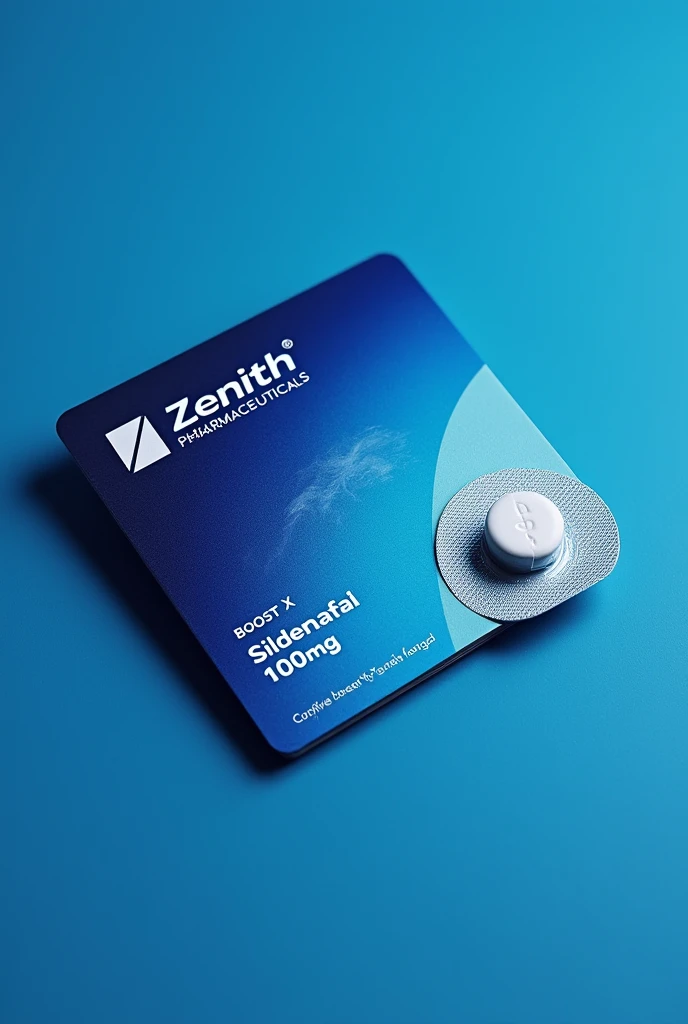 I need a package for a drug use a deep blue abd light blue colour combo. ZENITH pharmaceuticals should be at the top with a company logo clear. Then on the body Boost-X followed by sildenafil 100mg. Don't make the pack big small and easy to carry it will contain only 1 tablet please do it right