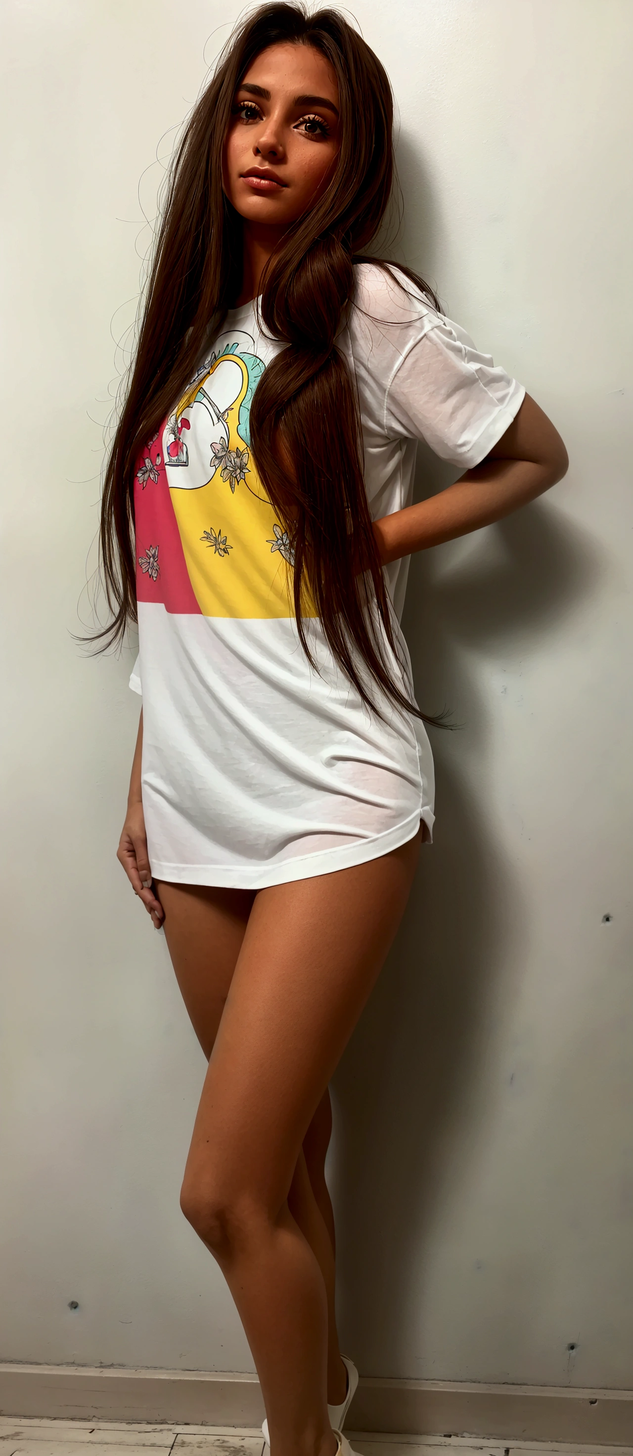 a close-up of a woman standing in a room with a white wall, 90s vibe, Vibe dos anos 90, estilo dos anos 90, estilo y2k, estilo y2k, estampa vintage anos 90, estampa vintage dos anos 90, graphic t-shirts, vestido com uma camiseta branca, estilo anos 8 0, 2 modelo feminino de 4 anos