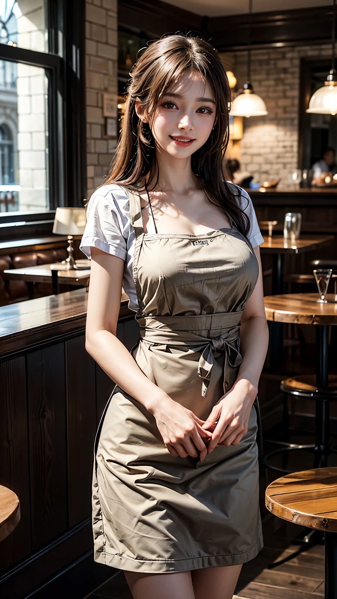 (Highest quality、Tabletop、8k、Best image quality、Award-winning works)、Woman working in a café、(The perfect brown apron:1.1)、(The perfect brown apron:1.1)、(wide々She is standing elegantly in a modest cafe..:1.3)、(A classy shirt and apron:1.1)、(Big Breasts:1.1)、(Accentuate your body lines:1.1)、Beautiful woman portrait、The most elegant and cozy cafe、The most natural cafe, Perfectly organized、The most atmospheric and warm lighting、Stylish and elegant cafe、Strongly blurred background、Look at me and smile、(Accurate anatomy:1.2)、Ultra high resolution perfect beautiful teeth、Ultra-high definition beauty face、Ultra HD Hair、Ultra HD The Shining Eyes、The Shining, Super high quality beautiful skin、Super high quality glossy lip