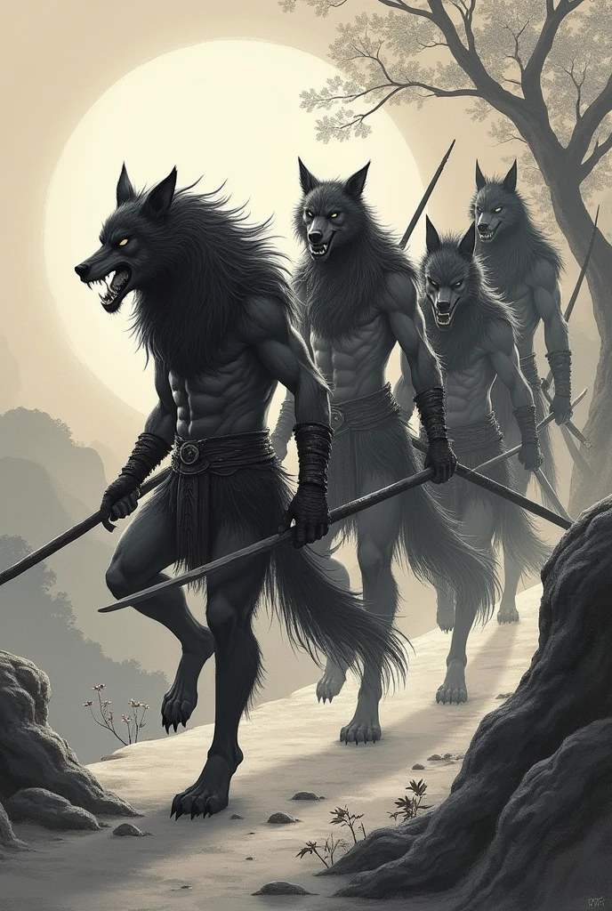 five muscular werewolf friends lined up in a row, front view, Moonlight night, horror, fully nude body, Realistic lighting, high quality, penis, erect, Erect, Genitals, balls, Подробные Genitals, photorealistic fur, flowing line of precum on the ground, Excited facial expression, detailed face